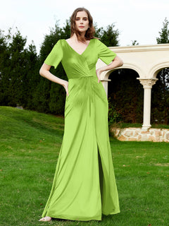 Half Sleeves Velvet Gown with Slit Lime Green