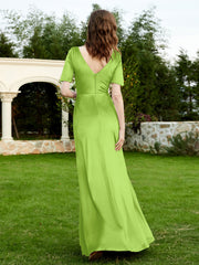 Half Sleeves Velvet Gown with Slit Lime Green