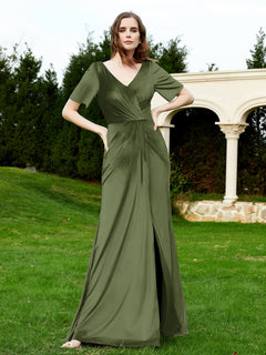 Half Sleeves Velvet Gown with Slit Olive Green