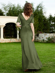 Half Sleeves Velvet Gown with Slit Olive Green