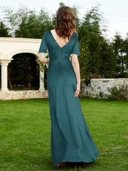 Half Sleeves Velvet Gown with Slit Peacock