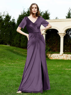 Half Sleeves Velvet Gown with Slit Plum