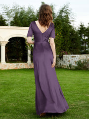 Half Sleeves Velvet Gown with Slit Plum