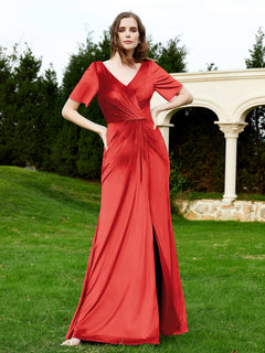 Half Sleeves Velvet Gown with Slit Red