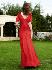 Half Sleeves Velvet Gown with Slit Red
