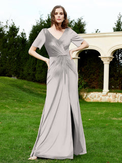 Half Sleeves Velvet Gown with Slit Silver