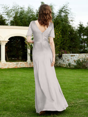 Half Sleeves Velvet Gown with Slit Silver