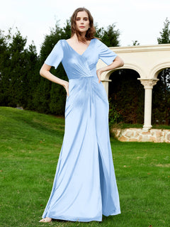 Half Sleeves Velvet Gown with Slit Sky Blue