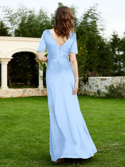 Half Sleeves Velvet Gown with Slit Sky Blue