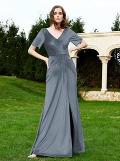 Half Sleeves Velvet Gown with Slit Slate Blue Plus Size