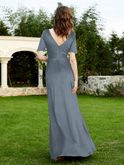 Half Sleeves Velvet Gown with Slit Slate Blue