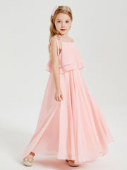 Long Chiffon Junior Bridesmaid Dresses Bowknot Spaghetti Straps Coral