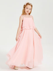 Long Chiffon Junior Bridesmaid Dresses Bowknot Spaghetti Straps Coral