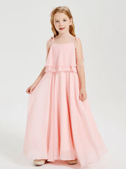 Long Chiffon Junior Bridesmaid Dresses Bowknot Spaghetti Straps Coral