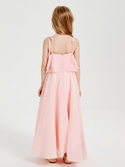 Long Chiffon Junior Bridesmaid Dresses Bowknot Spaghetti Straps Coral