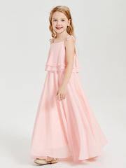 Long Chiffon Junior Bridesmaid Dresses Bowknot Spaghetti Straps Coral