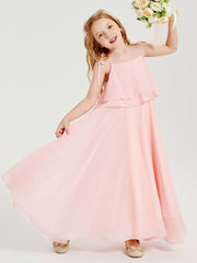 Long Chiffon Junior Bridesmaid Dresses Bowknot Spaghetti Straps Coral