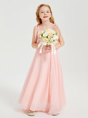 Long Chiffon Junior Bridesmaid Dresses Bowknot Spaghetti Straps Coral