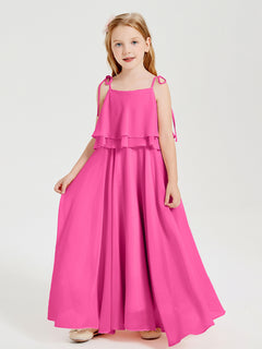 Long Chiffon Junior Bridesmaid Dresses Bowknot Spaghetti Straps Azalea