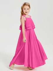 Long Chiffon Junior Bridesmaid Dresses Bowknot Spaghetti Straps Azalea