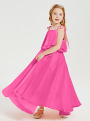 Long Chiffon Junior Bridesmaid Dresses Bowknot Spaghetti Straps Azalea
