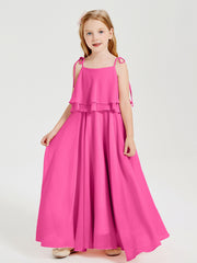 Long Chiffon Junior Bridesmaid Dresses Bowknot Spaghetti Straps Azalea