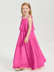 Long Chiffon Junior Bridesmaid Dresses Bowknot Spaghetti Straps Azalea