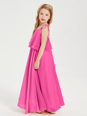 Long Chiffon Junior Bridesmaid Dresses Bowknot Spaghetti Straps Azalea