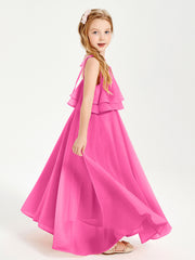Long Chiffon Junior Bridesmaid Dresses Bowknot Spaghetti Straps Azalea