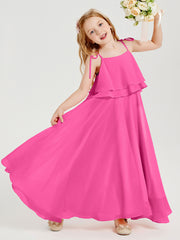 Long Chiffon Junior Bridesmaid Dresses Bowknot Spaghetti Straps Azalea