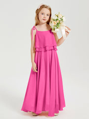 Long Chiffon Junior Bridesmaid Dresses Bowknot Spaghetti Straps Azalea