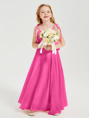 Long Chiffon Junior Bridesmaid Dresses Bowknot Spaghetti Straps Azalea