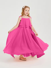 Long Chiffon Junior Bridesmaid Dresses Bowknot Spaghetti Straps Azalea