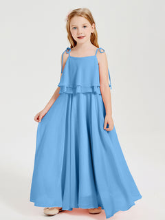 Long Chiffon Junior Bridesmaid Dresses Bowknot Spaghetti Straps Blue