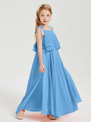 Long Chiffon Junior Bridesmaid Dresses Bowknot Spaghetti Straps Blue
