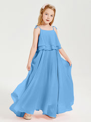 Long Chiffon Junior Bridesmaid Dresses Bowknot Spaghetti Straps Blue