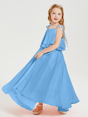 Long Chiffon Junior Bridesmaid Dresses Bowknot Spaghetti Straps Blue