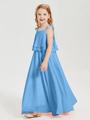Long Chiffon Junior Bridesmaid Dresses Bowknot Spaghetti Straps Blue