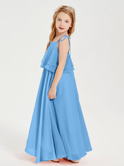 Long Chiffon Junior Bridesmaid Dresses Bowknot Spaghetti Straps Blue