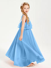 Long Chiffon Junior Bridesmaid Dresses Bowknot Spaghetti Straps Blue