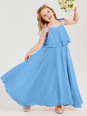 Long Chiffon Junior Bridesmaid Dresses Bowknot Spaghetti Straps Blue