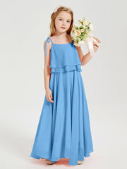 Long Chiffon Junior Bridesmaid Dresses Bowknot Spaghetti Straps Blue