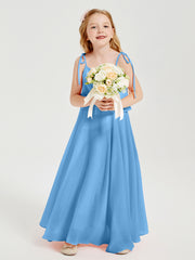 Long Chiffon Junior Bridesmaid Dresses Bowknot Spaghetti Straps Blue