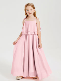 Long Chiffon Junior Bridesmaid Dresses Bowknot Spaghetti Straps Blushing Pink