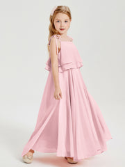 Long Chiffon Junior Bridesmaid Dresses Bowknot Spaghetti Straps Blushing Pink