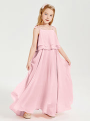 Long Chiffon Junior Bridesmaid Dresses Bowknot Spaghetti Straps Blushing Pink