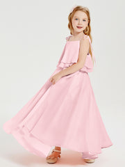 Long Chiffon Junior Bridesmaid Dresses Bowknot Spaghetti Straps Blushing Pink