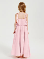 Long Chiffon Junior Bridesmaid Dresses Bowknot Spaghetti Straps Blushing Pink