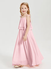Long Chiffon Junior Bridesmaid Dresses Bowknot Spaghetti Straps Blushing Pink