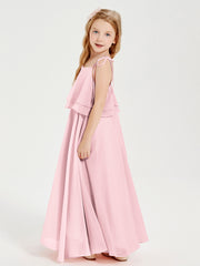 Long Chiffon Junior Bridesmaid Dresses Bowknot Spaghetti Straps Blushing Pink